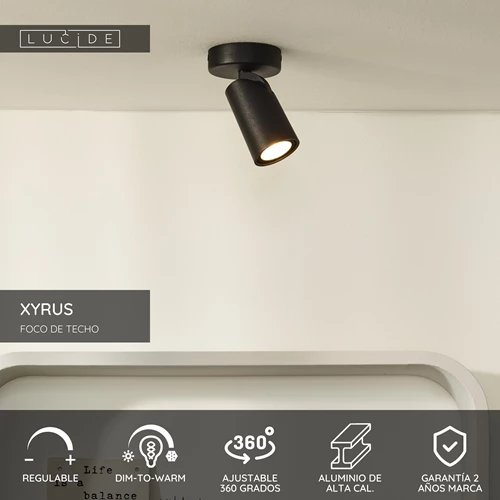 Lucide XYRUS - Foco de techo - Ø 9 cm - LED Dim to warm - GU10 - 1x5W 2200K/3000K - Negro - USP